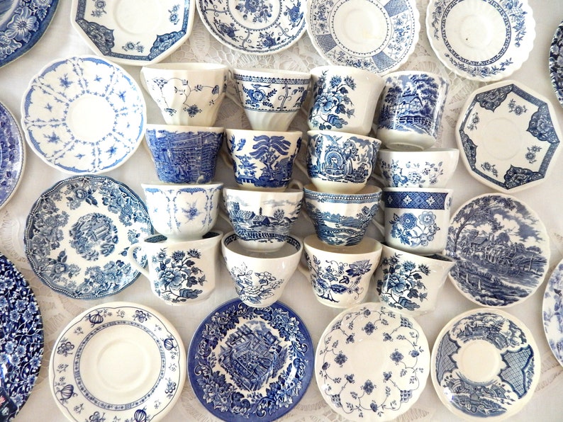 Blue and White Tea Cups and Saucers. Mismatched Party Favors Etsy
