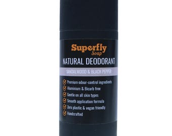 Natural Deodorant for men.  Sandalwood & Black Pepper Fragrance.  Handmade, vegan friendly, plastic free, 99% natural ingredients. 70ml
