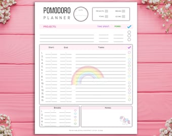 Pomodoro planner, Printable, Productivity Planner, Time Management, Daily Planner, PDF, Planner Insert, Student Planner, Kikki k, Unicorn