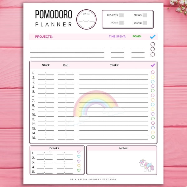 Pomodoro planner, Printable, Productivity Planner, Time Management, Daily Planner, PDF, Planner Insert, Student Planner, Kikki k, Unicorn