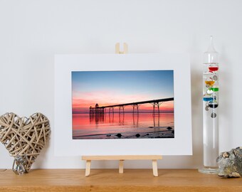 Clevedon Pier Sunset Red, Seascape, Photography, Art print, Home wall art
