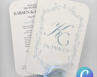 Canva Wedding Program Fan Template — Blue Floral — Fully Customizable Ceremony Fan