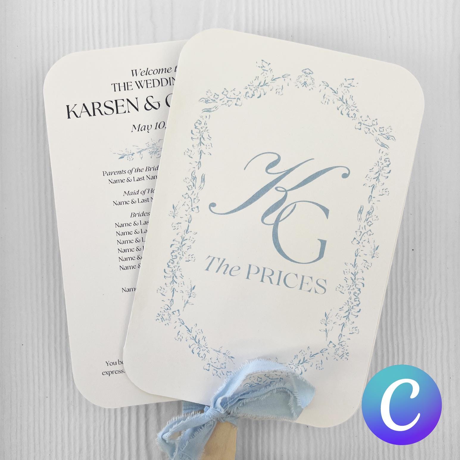 Canva Wedding Program Fan Template — Blue Floral — Fully Customizable Ceremony Fan