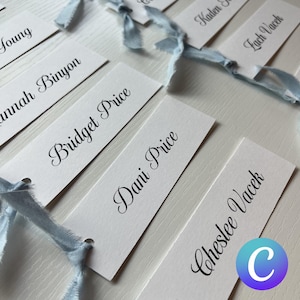 May include: White place cards with black calligraphy names, including "Bridget Price", "Dani Price", and "Cheslee Vacek". The cards are tied with light blue ribbon.