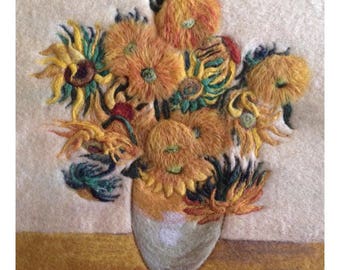 Famous Van Gogh sunflowers wool felt art painting. Home Decor. Gift idea.
