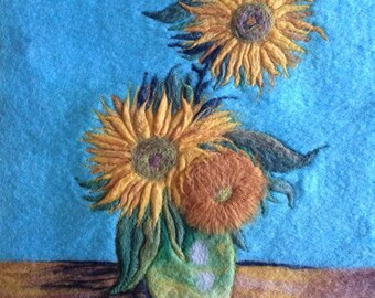 Famous Van Gogh sunflowers wool felt painting art.