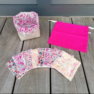 Lingettes  lavables démaquillantes en Liberty Wiltshire pour toute la famille et sa paniere en option