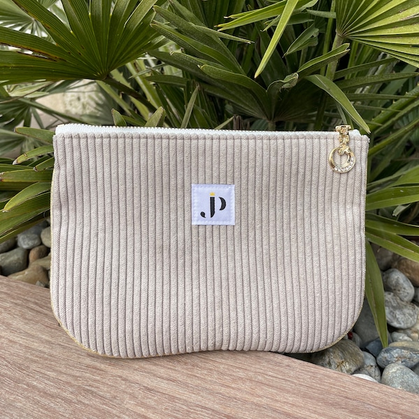 Pochette arrondie en velours côtelé beige et intérieur Liberty Wiltshire pois de senteur