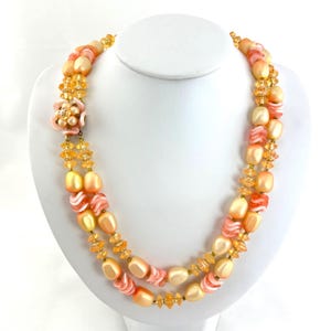 Vintage Hong Kong Peach Plastic Bead Double Strand Necklace With Floral Clasp