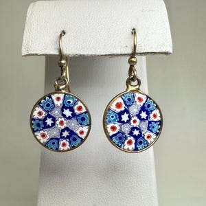 Vintage Blue Millefiori Sterling Silver Earrings Gold Plated Murano Hook Floral