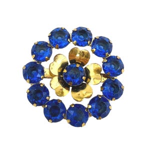 Vintage Gold Tone Flower Brooch With Blue Acrylic Rhinestones