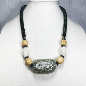 Vintage Mosaic Abalone Bead And Wood Bead Necklace