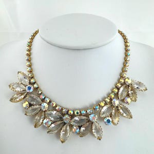 Vintage Clear & AB Rhinestone Bib Necklace Gold Tone Choker 3D Flowers Sparkly