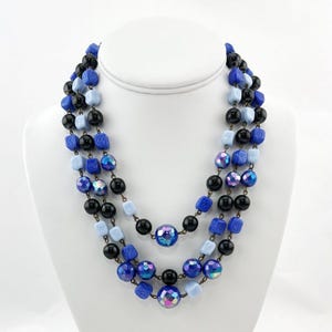 Vintage Multi Strand Black And Blue Glass Bead Necklace