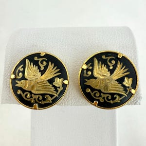 Vintage Round Damascene Bird Earrings Gold Tone Post Pierced Made In Spain