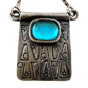 Vintage Sterling Silver Sumerian Tablet Pendant Necklace W/ Blue Glass Cabochon