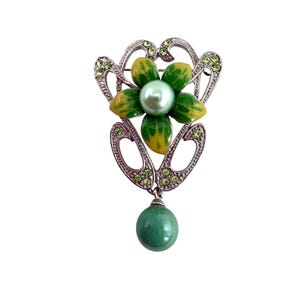 Vintage Green & Yellow Enamel Flower Brooch W/ Green Rhinestones Silver Tone