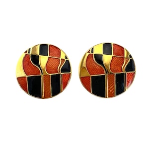 Vintage Round Orange And Black Enamel Gold Tone Clip On Earrings