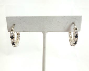 Vintage Sterling Silver Hoop Earrings Black & Clear CZ Stones Hinged Hoop