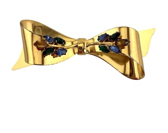 Vtg Coro Sterling Silver Bow Brooch Gold Plated Pegasus Mark Blue Green Yellow Rhinestones