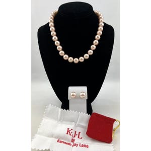 Kenneth Jay Lane Pink Glass Pearl Necklace & Post Earrings Rose Gold Tone KJL