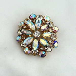 Vintage Aurora Borealis AB Rhinestone Flower Brooch Gold Tone 3D Layered Design