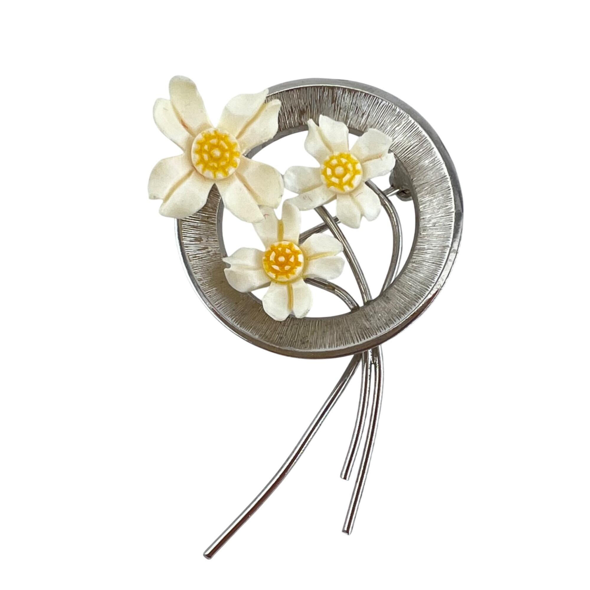 Beau Sterling Silver Floral Bouquet Brooch With Yellow & Cream Bone Flowers