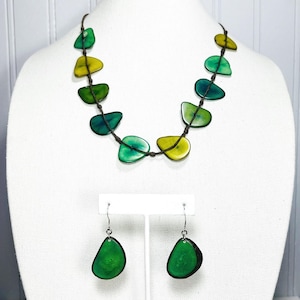 Vintage Tagua Nut Necklace And Hook Earrings Set, Dyed Green, Marked JL