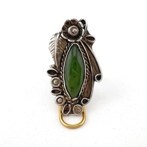 Vintage Sterling Silver Southwestern Leaf Flower Nephrite Jade Ring Adjustable