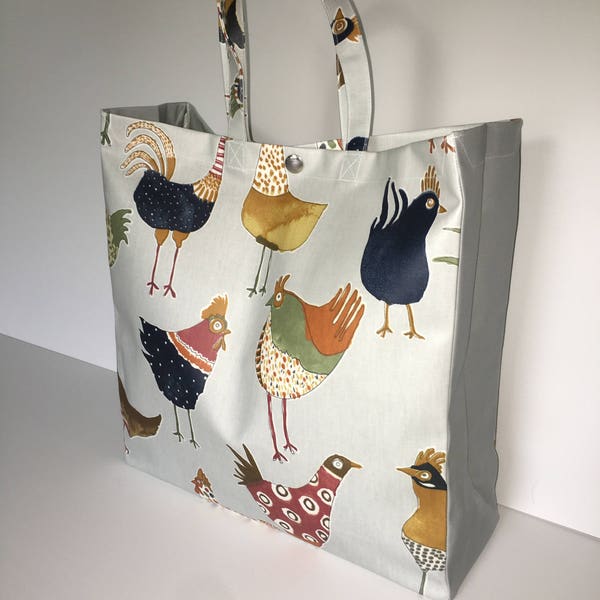 Sac fourre-tout original Henrietta (poulet funky) en coton ciré mat avec gousset uni gris acier - idéal pour faire du shopping !