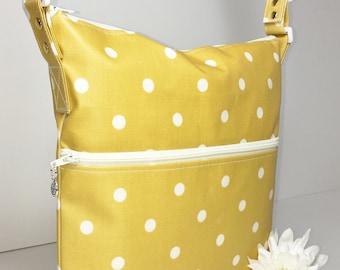 Ochre Polka Dot wipe clean and water resistant! Fully adjustable Lightweight strong UK Made 100% Cotton Oilcloth Cross-Body