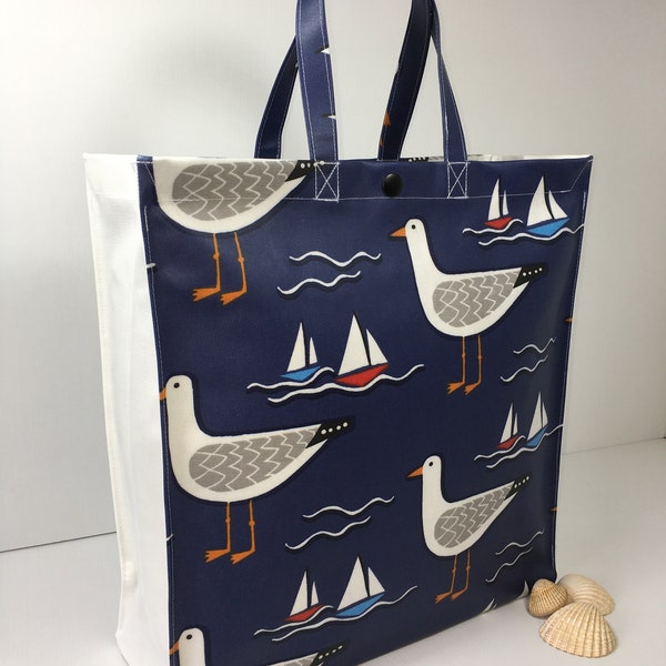 Seagulls and Sails Navy  - UK Made 100% Cotton Oilcloth Traditional Shopper/Tote Bag  - wipe clean, water resistant & ideal for shopping!