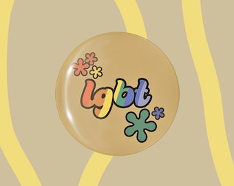 LGBT Button Badge, Gay Pride Pinback Button, LGBT Accessories, Retro Style Pride Badge, Groovy Button