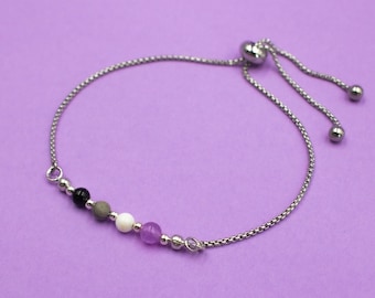 Pulsera con la bandera del orgullo asexual / Piedras preciosas auténticas y acero inoxidable