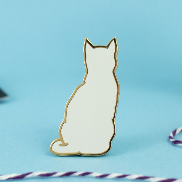 White Cat Enamel Pin: Gold Plated Kitty Badge