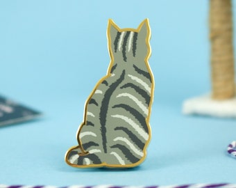 Light Grey Tabby Cat Enamel Pin: Gold Plated Kitty Badge