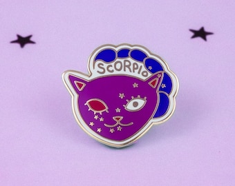 Scorpio Cat Enamel Pin: Gold Zodiac Star Sign Badge