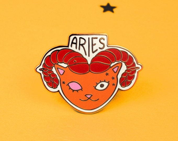 Aries Zodiac Cat Enamel Pin, Star Sign Brooch, Gifts For Aries, Cute Kitty Pin, Aries Ram Gold Plated Badge