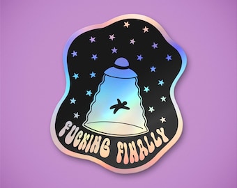 Funny Alien Abduction Holographic Sticker: Trippy UFO Bumper Sticker