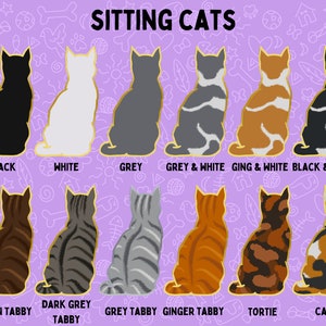 May include: Illustration of nine different colored cats sitting in a row. The cats are black, white, grey, grey and white, ginger and white, black and white, brown tabby, dark grey tabby, grey tabby, ginger tabby, tortie, and calico.