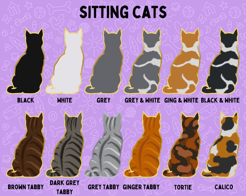 May include: Illustration of nine different colored cats sitting in a row. The cats are black, white, grey, grey and white, ginger and white, black and white, brown tabby, dark grey tabby, grey tabby, ginger tabby, tortie, and calico.