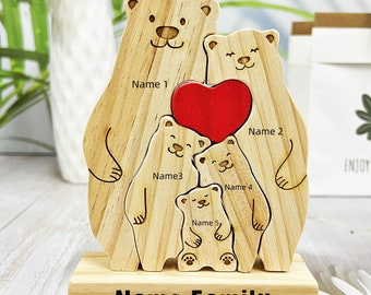 Familien-Umarmungsbären-Puzzle aus Holz, personalisiertes Familienpuzzle, individuelle Holztiere, Geschenk für Bärenliebhaber