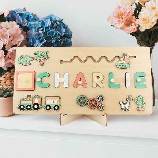 Montessori Name Puzzle , Wooden Busy Board ,Baby Shower Gift, Custom Wooden Name Puzzle, Personalised Busy Board Puzzle Toy for Baby Gift