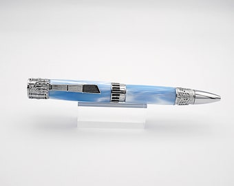 Ballpoint Pen, Music Themed Handmade Pen in Chrome and Sky Blue Pearl Resin