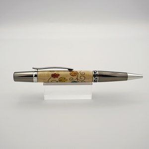 Ballpoint Pen, Inlayed Wooden Pen, in Black Titanium and Platinum with Fall Leaves Inlay