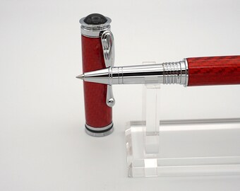 Rollerball, Handmade in Chrome with Red Woven Carbon Fiber in Acrylic