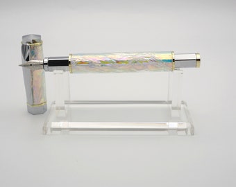 Fountain Pen, Industrial Style Pen in Chrome and Gold with Moon Glow Opal Acrylic and a Magnetic Cap