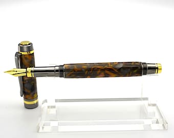 Fountain Pen, Handmade Acrylic Pen in 24k Gold and Gunmetal with Fractured Lava Acrylic