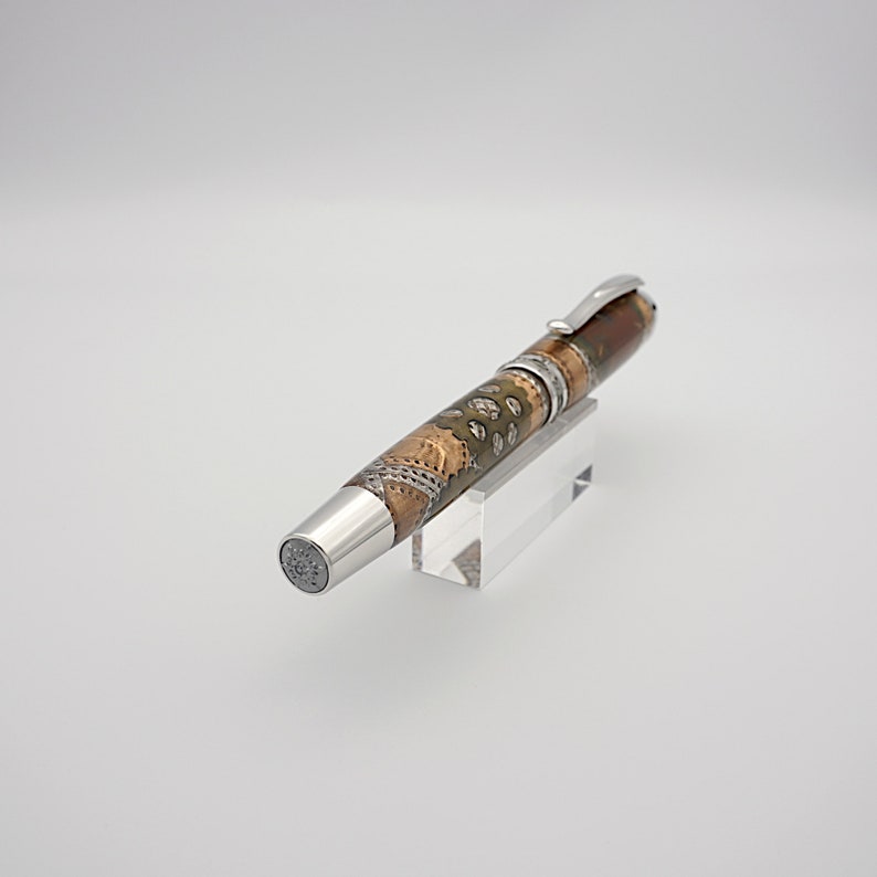 Rollerball Pen, Steampunk Style Pen in Rhodium and Black Titanium with Watch Face in Acrylic image 7