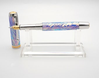 Fountain Pen, Handmade Acrylic Pen in Rhodium and 22k with Frost Opal Acrylic